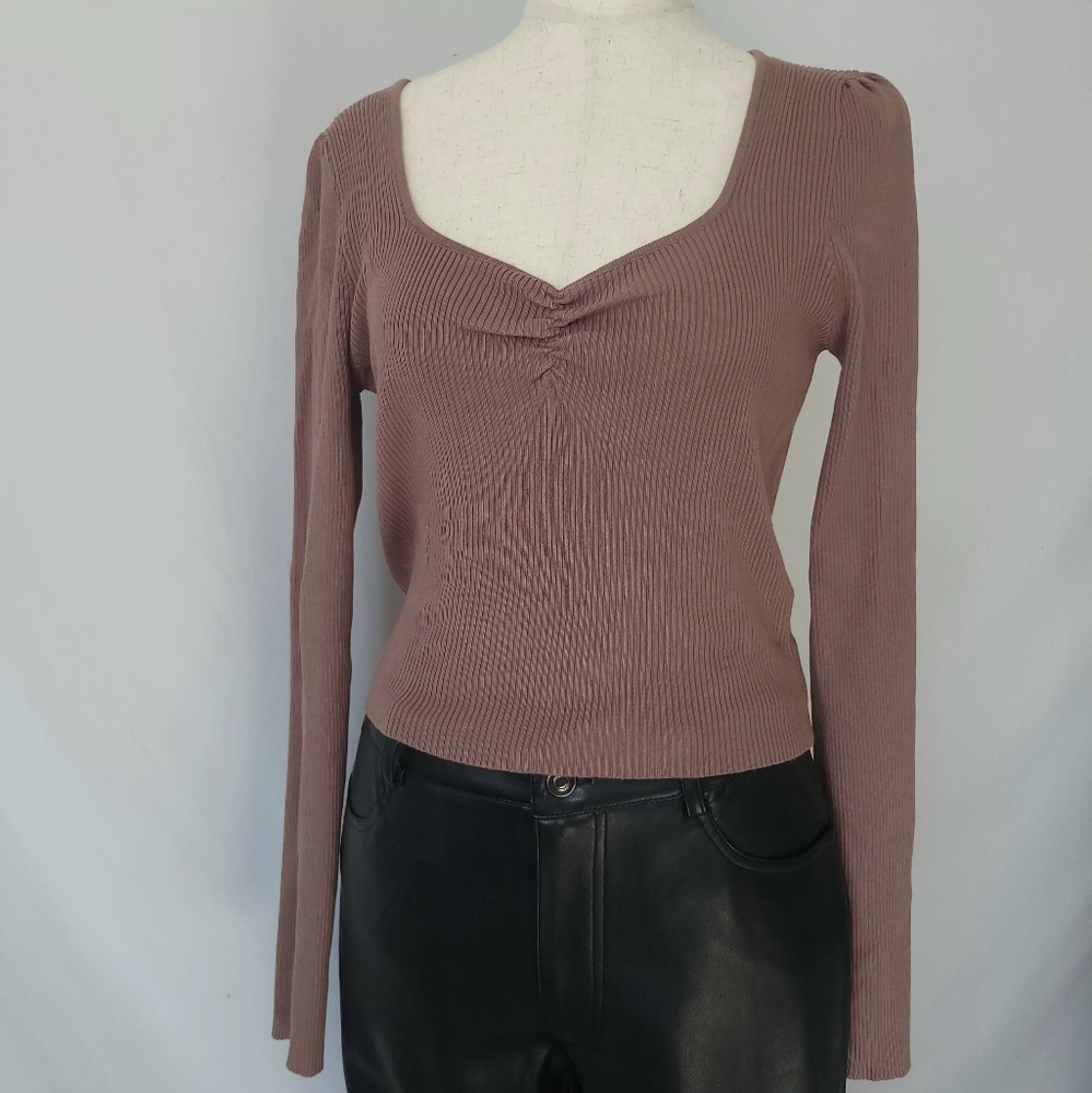 Long Sleeve Gathered Chest Detail Ribbed Top